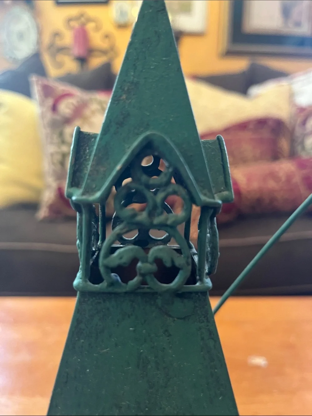 Green Decorative Metal and Glass Cathedral style tea light Lantern